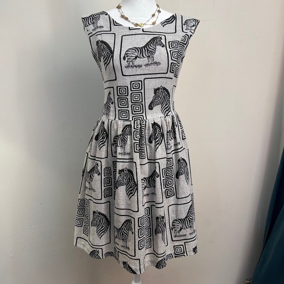 Vintage Dresses & Skirts - Vintage Zebra Print Fit and Flare‎ Dress Tan Black XS